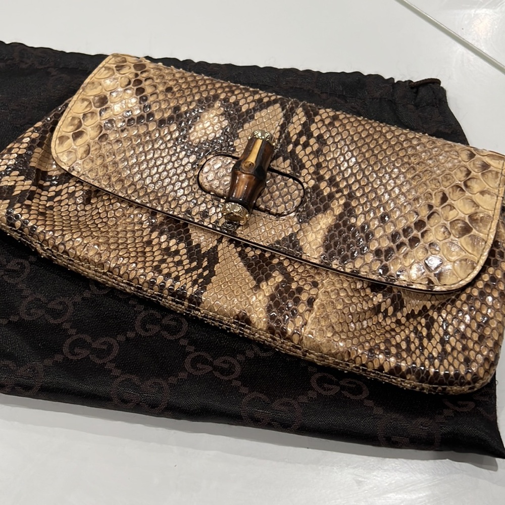 Vintage Gucci brown/beige Python bamboo clutch bag - image 2